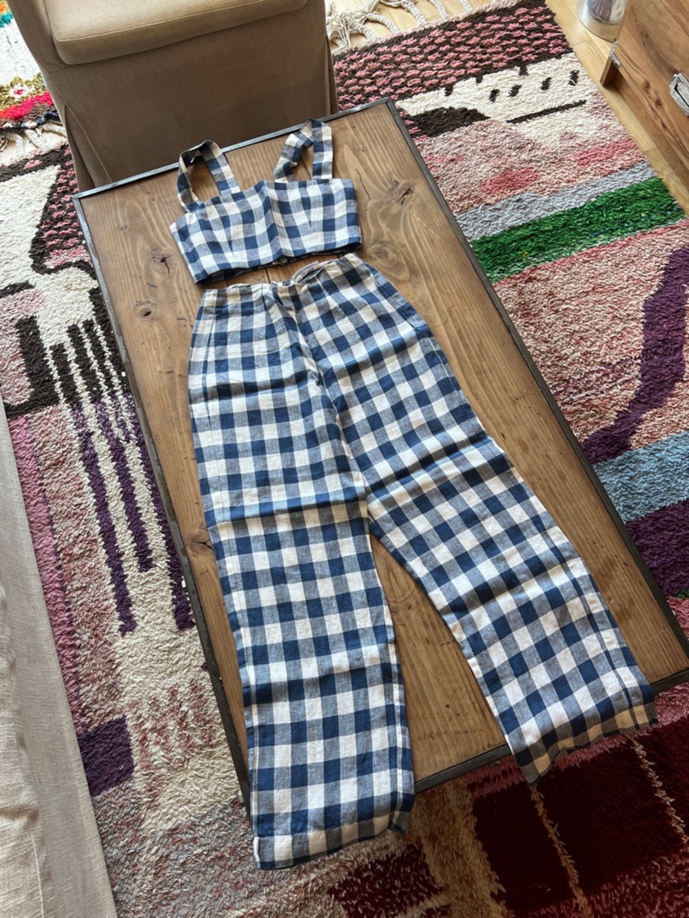 Reformation Blue and White Gingham Two-Piece Linen Top & Pant Set (Size S) - Picture 2 of 7